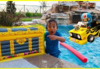 Ryan found treasure with surprise toys in our swimming pool!!! Car Racing playtime fun!!!! 5